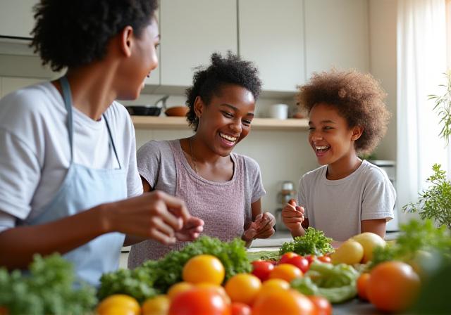 Healthy family cooking together happily