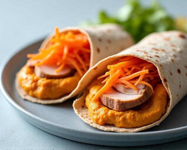 Colorful turkey and hummus wraps