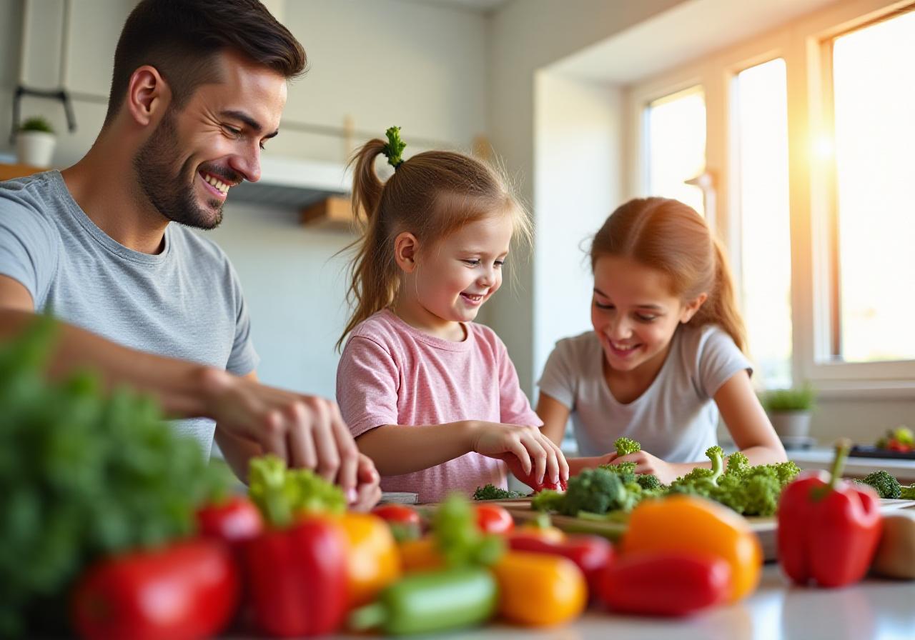 Happy family cooking colorful vegetables