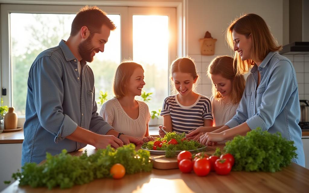 Family cooking together in a bright kitchen