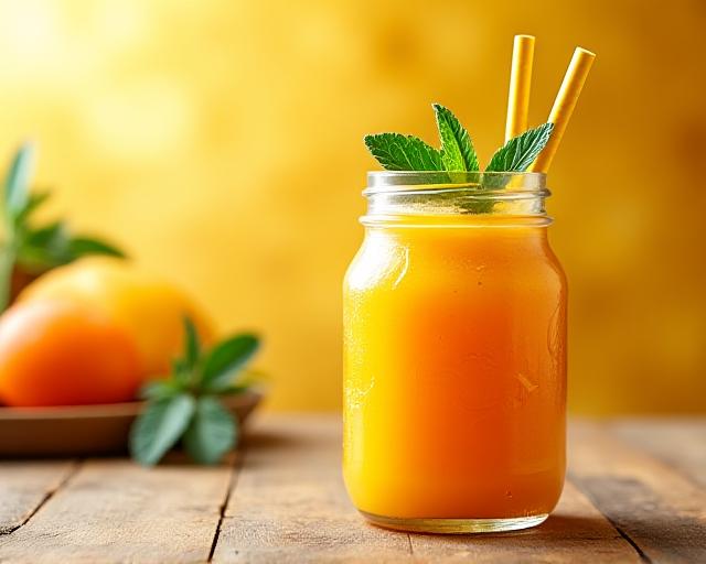 Yellow fruit smoothie in a jar with straw